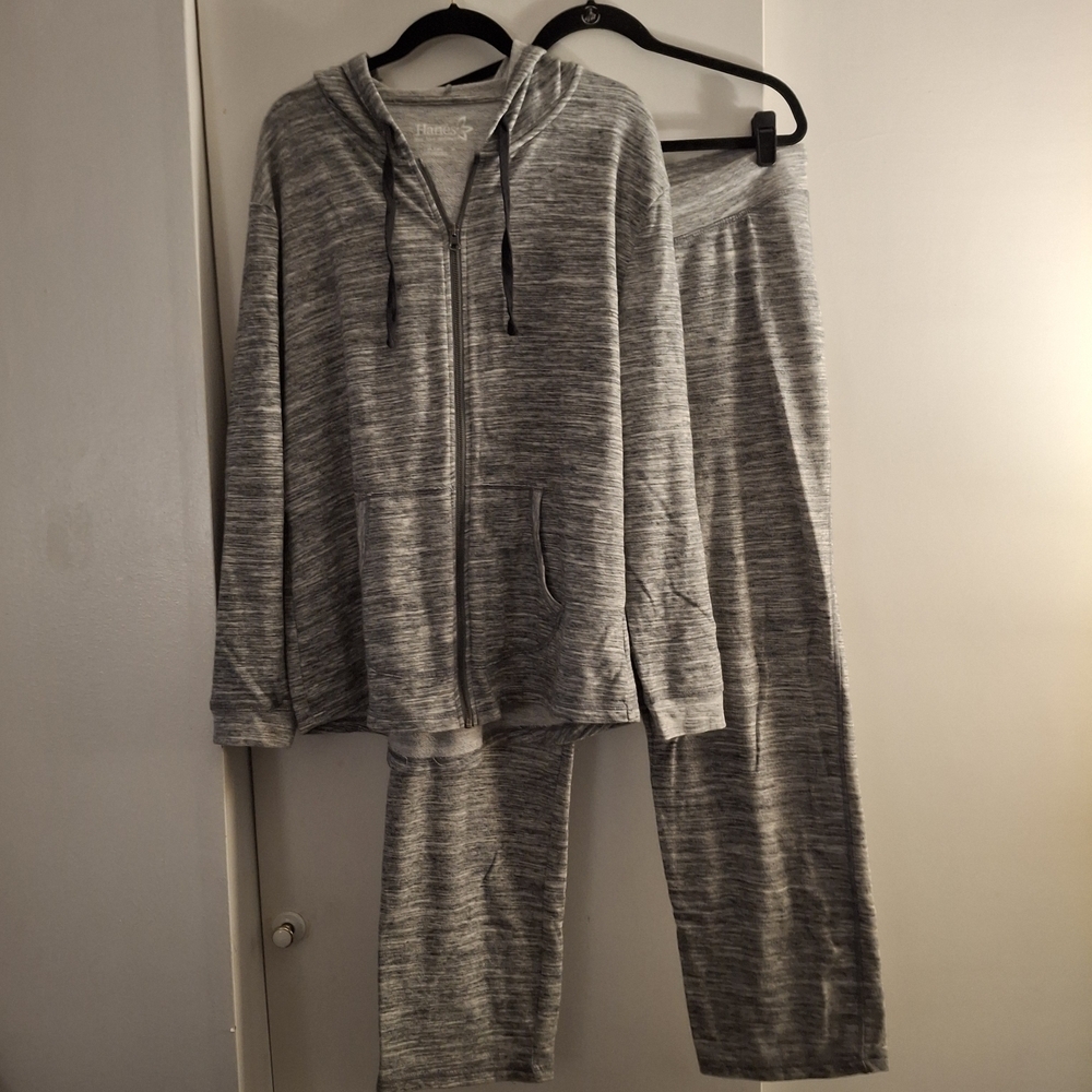 Hanes Women's Gray Hooded Zip-Up Jacket and Pants Set